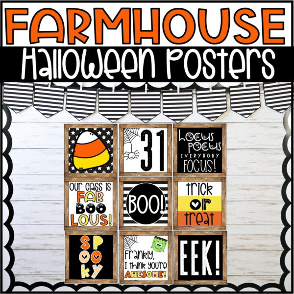 Farmhouse Holiday Posters Bundle - Halloween Posters Shows all 9 Halloween posters with a wooden frame