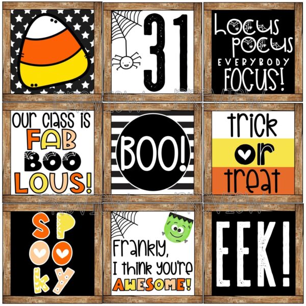 Farmhouse Holiday Posters Bundle - Halloween Posters Cover Shows all 9 Halloween Posters on a bulletin board with a banner