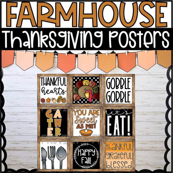 Farmhouse Holiday Posters Bundle - Thanksgiving Posters Shows all 9 Thanksgiving posters with a wooden frame