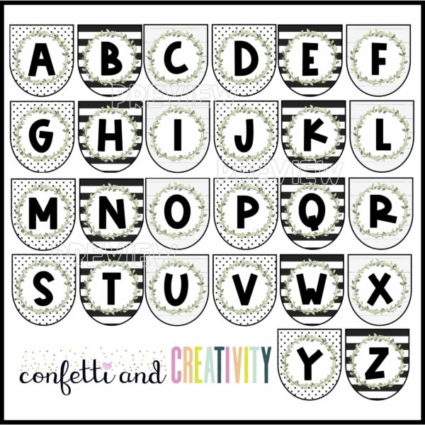 Floral Alphabet Banner - All Designs Shows the designs for the alphabet banner A through Z. Features a lot of black and white designs as well as floral accents with pink flowers.