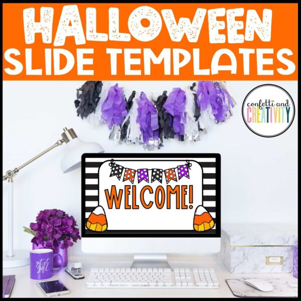 Halloween Google Slide Template - Cover Photo Shows the first slide from the Halloween google slide templates. Compatible with Powerpoint or Google Slides, and allows a teacher to create anything they need for their classroom