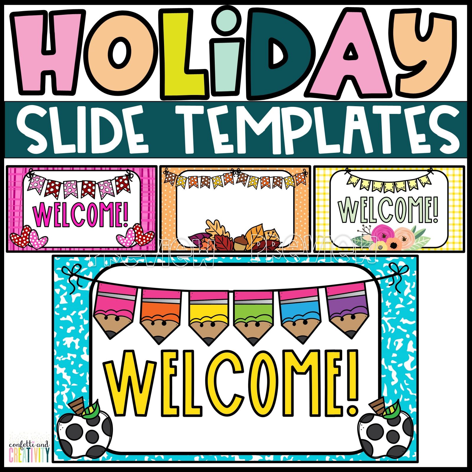 Shows multiple slides from the holiday google slides template bundle. Each slide is perfect for teaching in a season/holiday and gives a teacher everything they need to set up Teaching Slides in Powerpoint or Google Slides