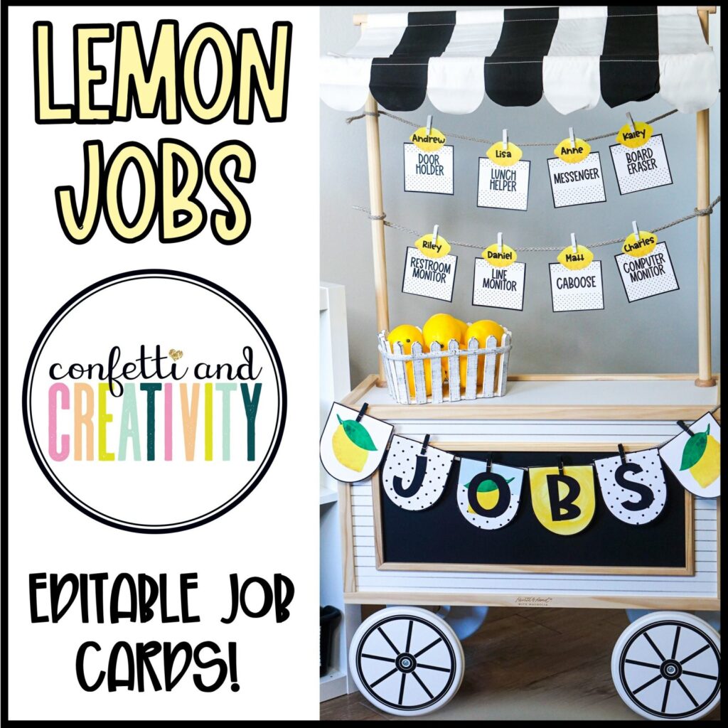 Shows an example of the lemon themed classroom jobs set up on a lemon stand. The jobs are hanging on a string with clothespins