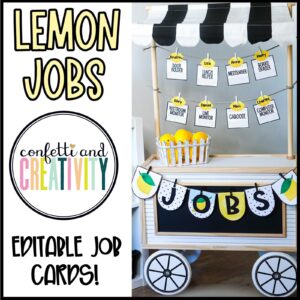 Shows an example of the lemon themed classroom jobs set up on a lemon stand. The jobs are hanging on a string with clothespins