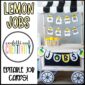 Shows an example of the lemon themed classroom jobs set up on a lemon stand. The jobs are hanging on a string with clothespins