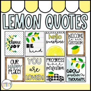 Shows 8 different snipped quote posters in the lemon theme with the text "lemon quotes" at the top of the image