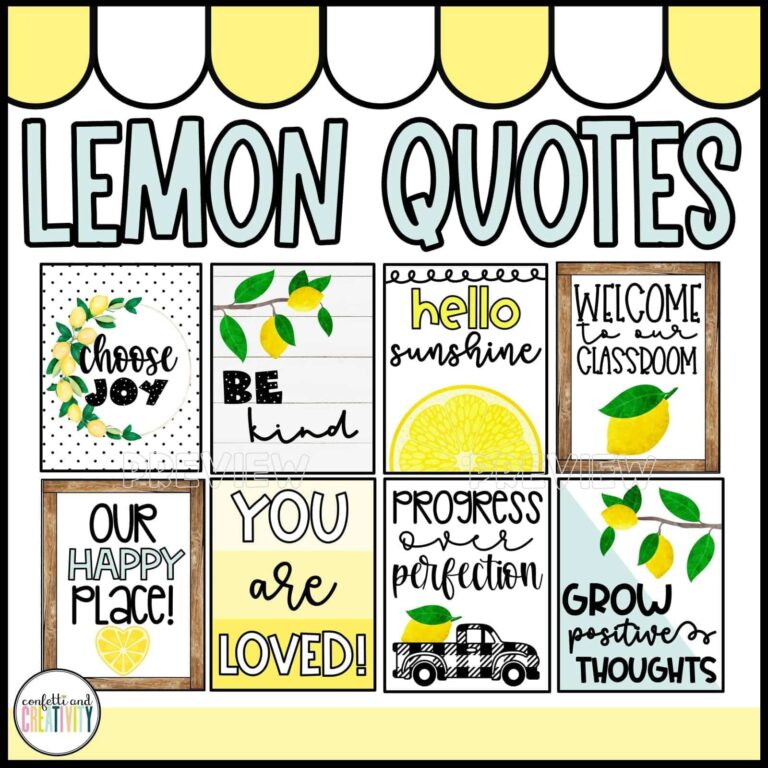 Shows 8 different snipped quote posters in the lemon theme with the text "lemon quotes" at the top of the image