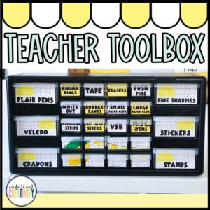 Shows the lemon teacher toolbox set up in a real classroom. The toolbox is perfect for a teacher to hold everything they need for their classroom. The teacher toolbox in the picture is black