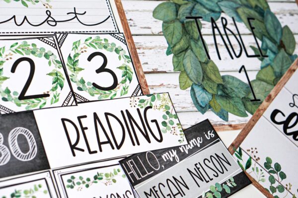 Modern Farmhouse Classroom Decor Bundle - Multiple Items Shows multiple items form the bundle includes table numbers, schedule cards, and so much more