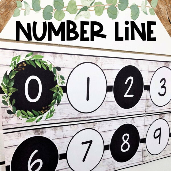Modern Farmhouse Classroom Decor Bundle - Number Line Shows an example of the modern farmhouse number line. Features weathered wood background and a wreath on every tenth number. The picture shows a wreath on the number 0.