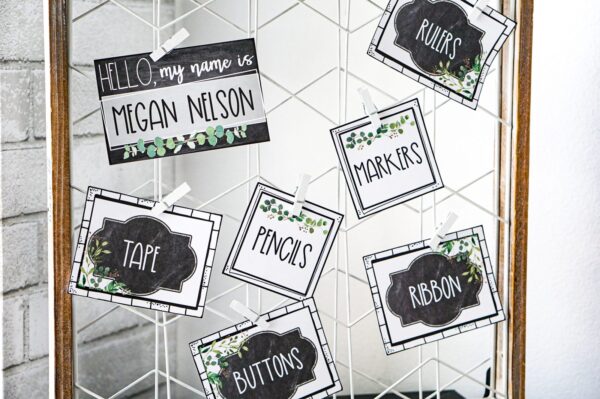 Modern Farmhouse Classroom Decor Bundle - Labels Shows farmhouse labels hanging with clothespins