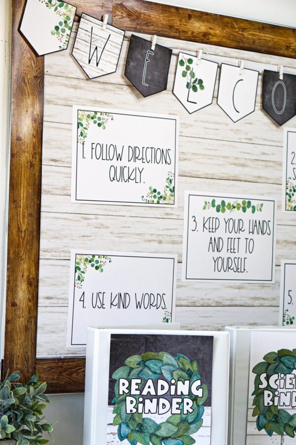 Modern Farmhouse Classroom Decor Bundle - Bulletin Board Shows the welcome banner and example of classroom rules set up on a classroom bulletin board