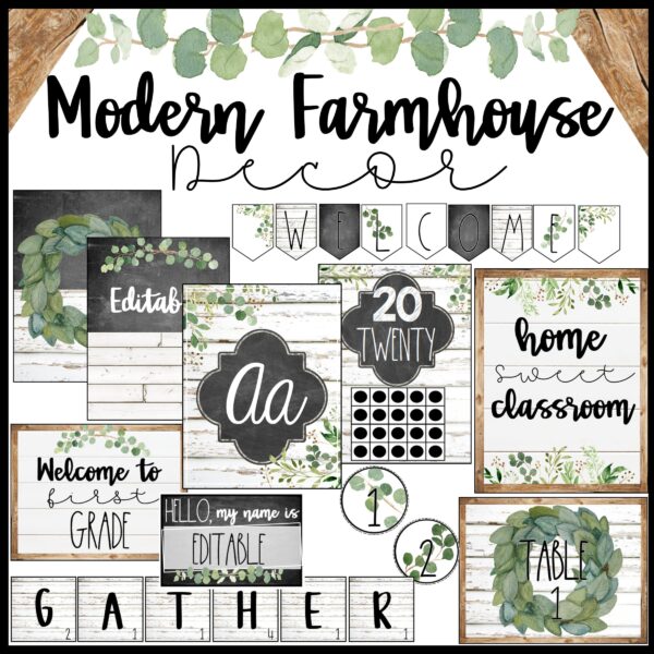 Modern Farmhouse Classroom Decor Bundle - Old Photo Shows example photos of the Modern Farmhouse Classroom Decor Bundle with the text "Modern Farmhouse" in the center of the image