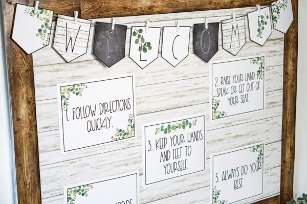 Modern Farmhouse Classroom Decor Bundle - Board Shows a bulletin board set up with items from the modern farmhouse classroom theme
