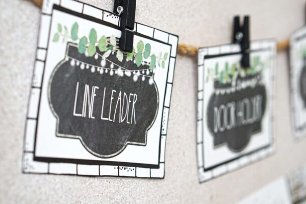 Modern Farmhouse Classroom Decor Bundle - Jobs Close Up Shows a close up of the classroom job cards from the modern farmhouse theme