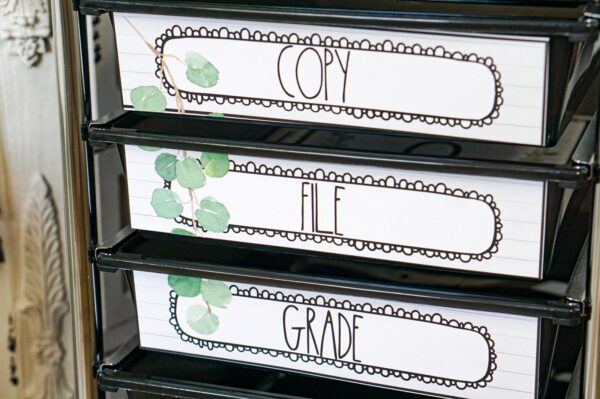 Modern Farmhouse Classroom Decor Bundle - 10 Drawer Cart Shows example 10 Drawer Cart Labels