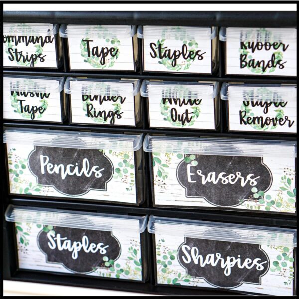 Modern Farmhouse Classroom Decor Bundle - Teacher Toolbox Labels Shows a close up of the teacher toolbox labels set up on a small teacher toolbox