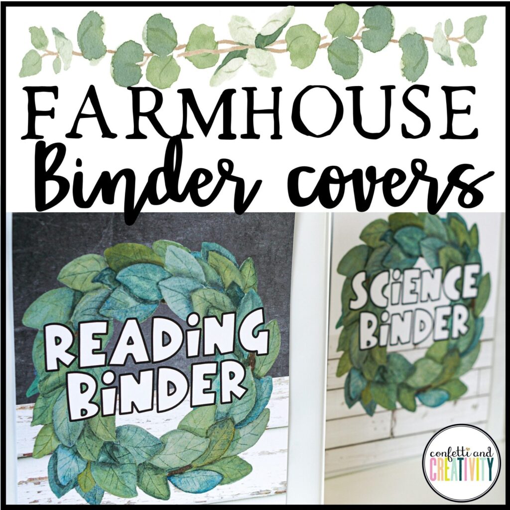 Shows Farmhouse themed binder covers. Each binder cover is text edtiable and has a eucalyptus wreath in the background