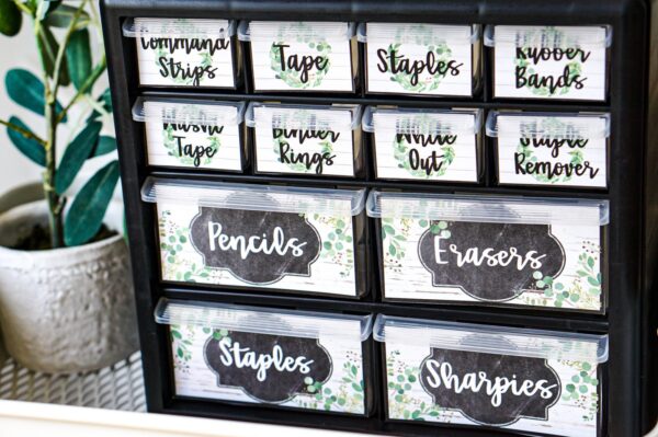 Modern Farmhouse Classroom Decor Bundle - Teacher Toolbox Shows an example of a Modern Farmhouse small teacher toolbox. Perfect for a teacher to store all of their items