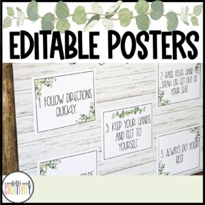 Shows examples of the editable classroom posters filled out and put on a bulletin board. These are perfect for teachers to use for classroom rules, encouraging messages, or anything else they might need to put on the wall.