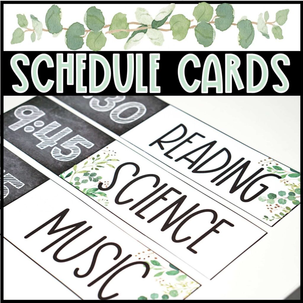 Shows a picture of the schedule cards printed out with examples like reading and science with time cards. Has the text "schedule cards" at the top of the image