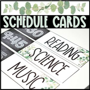 Shows a picture of the schedule cards printed out with examples like reading and science with time cards. Has the text "schedule cards" at the top of the image