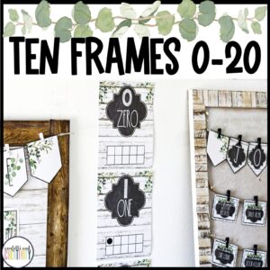 Shows example ten frames posted on a classroom wall. Features examples 0, 1, and 2.