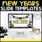 Shows the first slide from the New Year's Day google slide templates. Compatible with Powerpoint or Google Slides, and allows a teacher to create anything they need for their classroom
