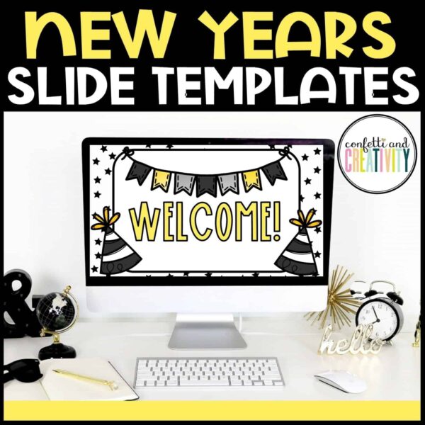 Shows the first New Year's Day Google Slide on a stock photo