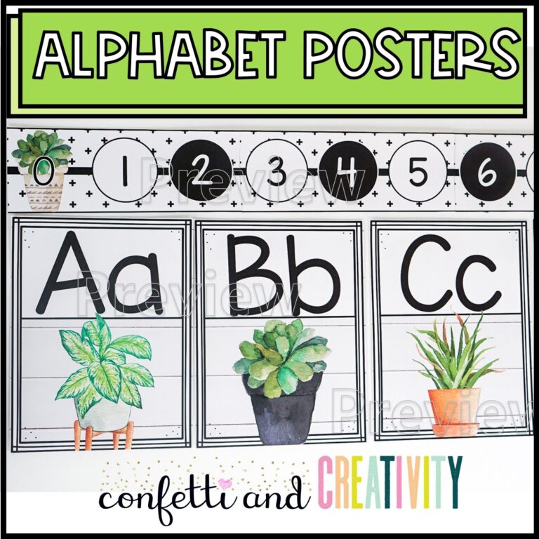 Shows the plant alphabet posters set up on a real classroom wall with the number line above it.