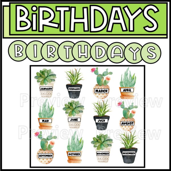 Shows what the plant themed birthday board looks like when it's set up on a classroom wall. Includes snipped images of the birthday board set up. Features plants and other adorable clipart to help a teacher make their students feel special