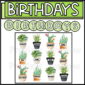 Shows what the plant themed birthday board looks like when it's set up on a classroom wall. Includes snipped images of the birthday board set up. Features plants and other adorable clipart to help a teacher make their students feel special
