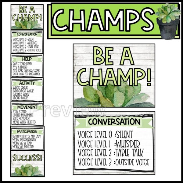 Shows the entire set up of the CHAMPS posters as if it were on a classroom wall for a teacher to use