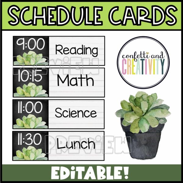 Shows the plant themed classroom schedule cards