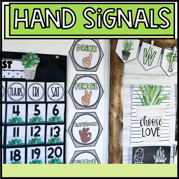 Shows the hand signals from the plant classroom theme set up in a real classroom next to the classroom calendar and bulletin board