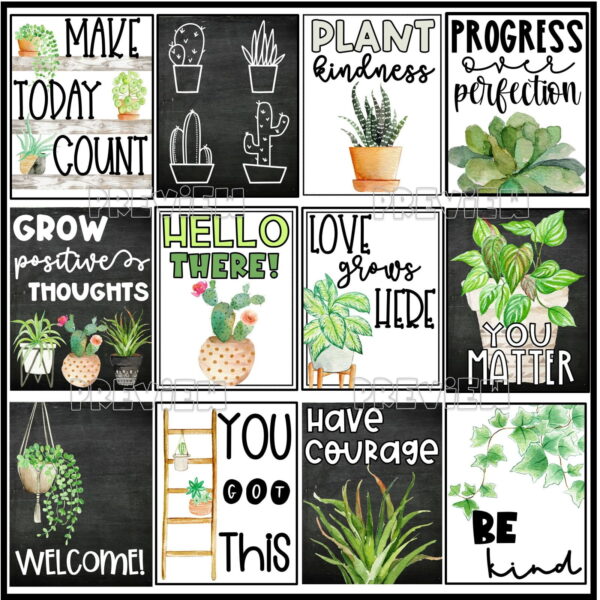 Plant Classroom Theme - Inspirational Posters Shows the inspirational posters that are included in the plant classroom theme decor bundle.
