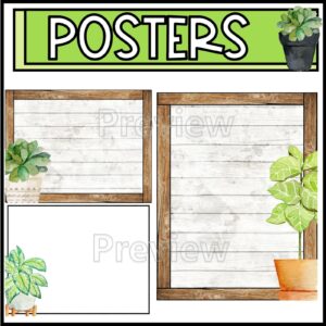 Shows blank versions of the editable classroom posters from the Plant Classroom Theme. Each poster has a wooden background and plants as accents in the corners