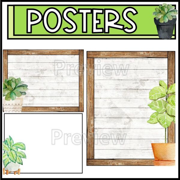 Shows blank versions of the editable classroom posters from the Plant Classroom Theme. Each poster has a wooden background and plants as accents in the corners