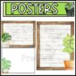 Shows blank versions of the editable classroom posters from the Plant Classroom Theme. Each poster has a wooden background and plants as accents in the corners