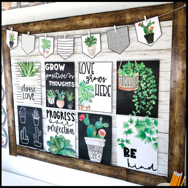 Plant Classroom Theme Decor Bundle - Inspirational Posters Shows the inspirational posters set up on a bulletin board with the wooden borders and welcome banners at the top of the bulletin board