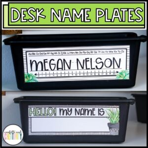 Shows an example desk nameplate from the plant classroom theme with the name "Megan Nelson" on it