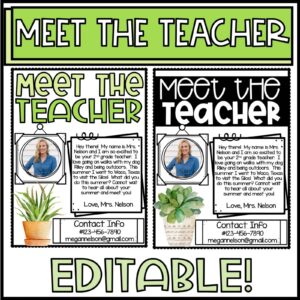 Shows two different examples of a meet the teacher template from the plant classroom theme. Includes a black and white version as well a colored version that's green and plant themed.