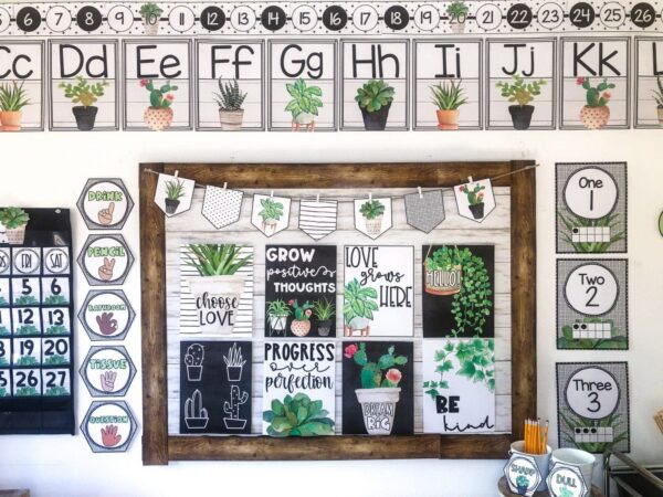 Plant Classroom Theme - Whole Room Shows the entire room set up with the plant classroom theme bundle. Includes the alphabet posters, inspirational quote posters, table numbers, and so many other things that are included in the bundle. All items include cute plant clipart as well as various green colors