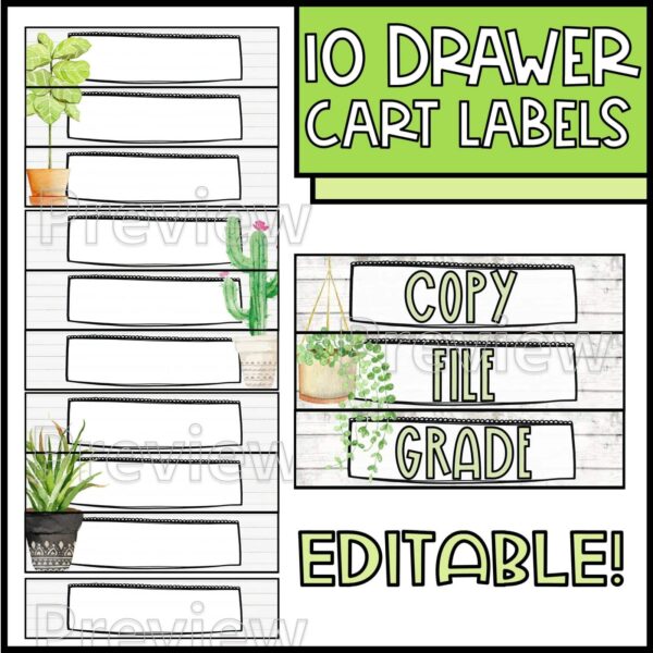 Shows snipped pictures of the plant 10 drawer cart labels. On the right it shows 3 labels used for file, copy, grade. On the left it shows snipped photos of the design of the 10 drawer cart labels