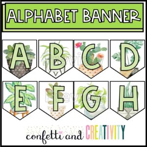 Shows the alphabet banner designs for letters A-H, with the Confetti and Creativity logo at the bottom of the image and the text "Alphabet Banner" at the top of the image