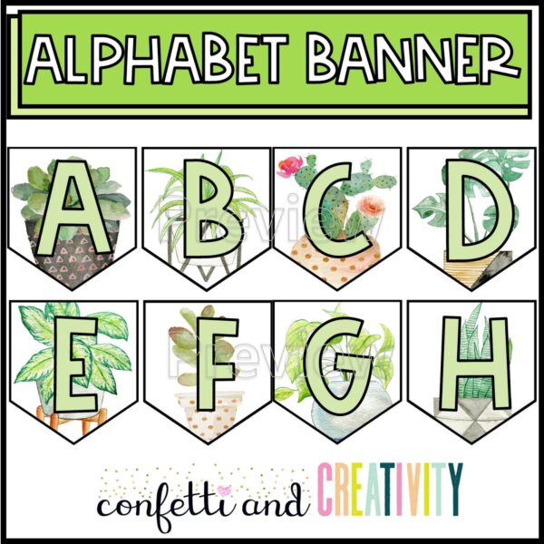 Shows the alphabet banner designs for letters A-H, with the Confetti and Creativity logo at the bottom of the image and the text "Alphabet Banner" at the top of the image