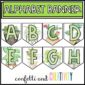 Shows the alphabet banner designs for letters A-H, with the Confetti and Creativity logo at the bottom of the image and the text "Alphabet Banner" at the top of the image