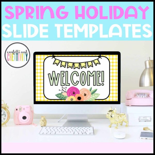 Spring Google Slide Template - Cover Photo Shows the first slide from the Spring google slide templates. Compatible with Powerpoint or Google Slides, and allows a teacher to create anything they need for their classroom