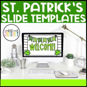 Shows the first slide from the St. Patrick's Day Google Slides. The first slide is shown on a stock photo with a computer on a desk. The slides are perfect for a teacher to use in their classroom. Compatible with Powerpoint - perfect for morning meetings, lessons, or open house!