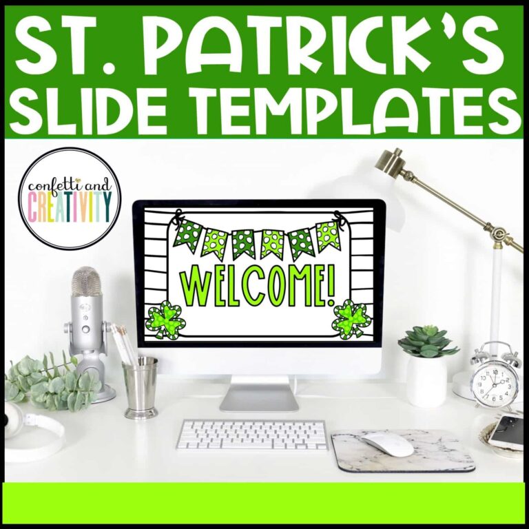 Shows the first slide from the St. Patrick's Day Google Slides. The first slide is shown on a stock photo with a computer on a desk. The slides are perfect for a teacher to use in their classroom. Compatible with Powerpoint - perfect for morning meetings, lessons, or open house!